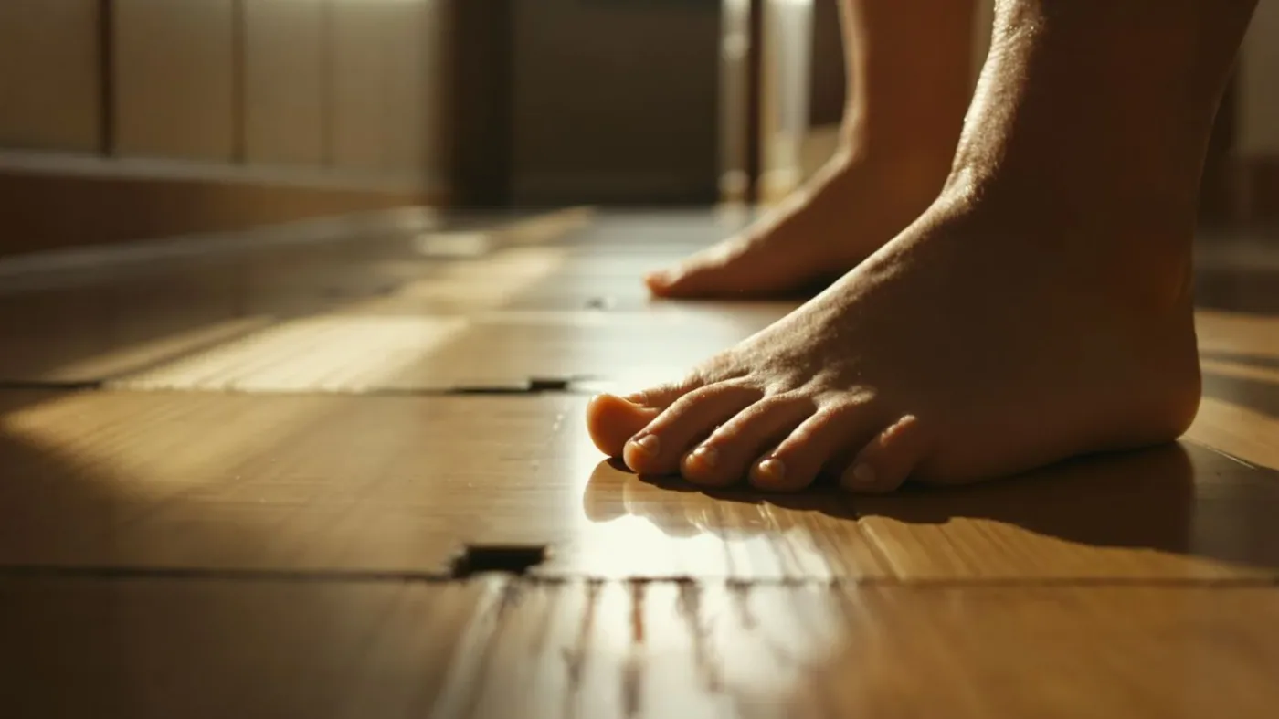 Bare feet grounded on wooden floor in morning light as body-first practice for how to fight loneliness tonight