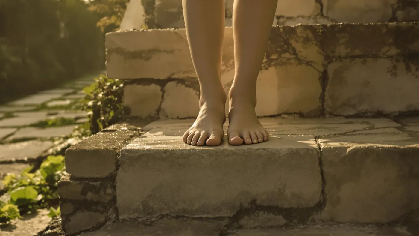Bare feet standing on dew-covered stone steps in morning light showing what changes and softens over time