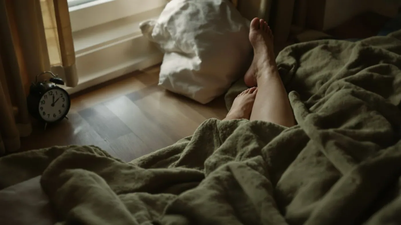 Blanket and pillow on wooden floor with bare feet preparing for a 12-minute nervous system burnout recovery practice