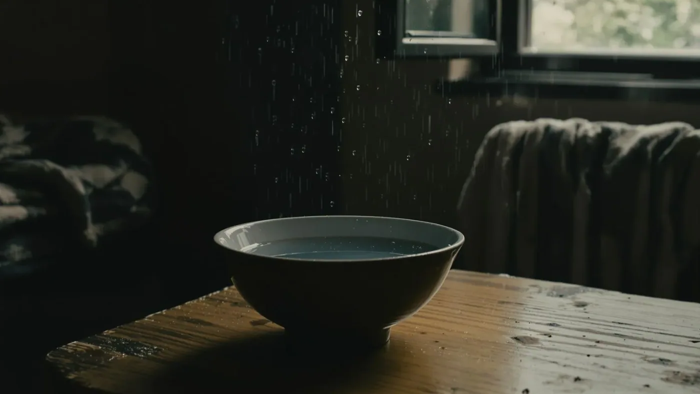 Ceramic bowl collecting rainwater on a wooden table by a window, representing the hidden timeline of burnout recovery