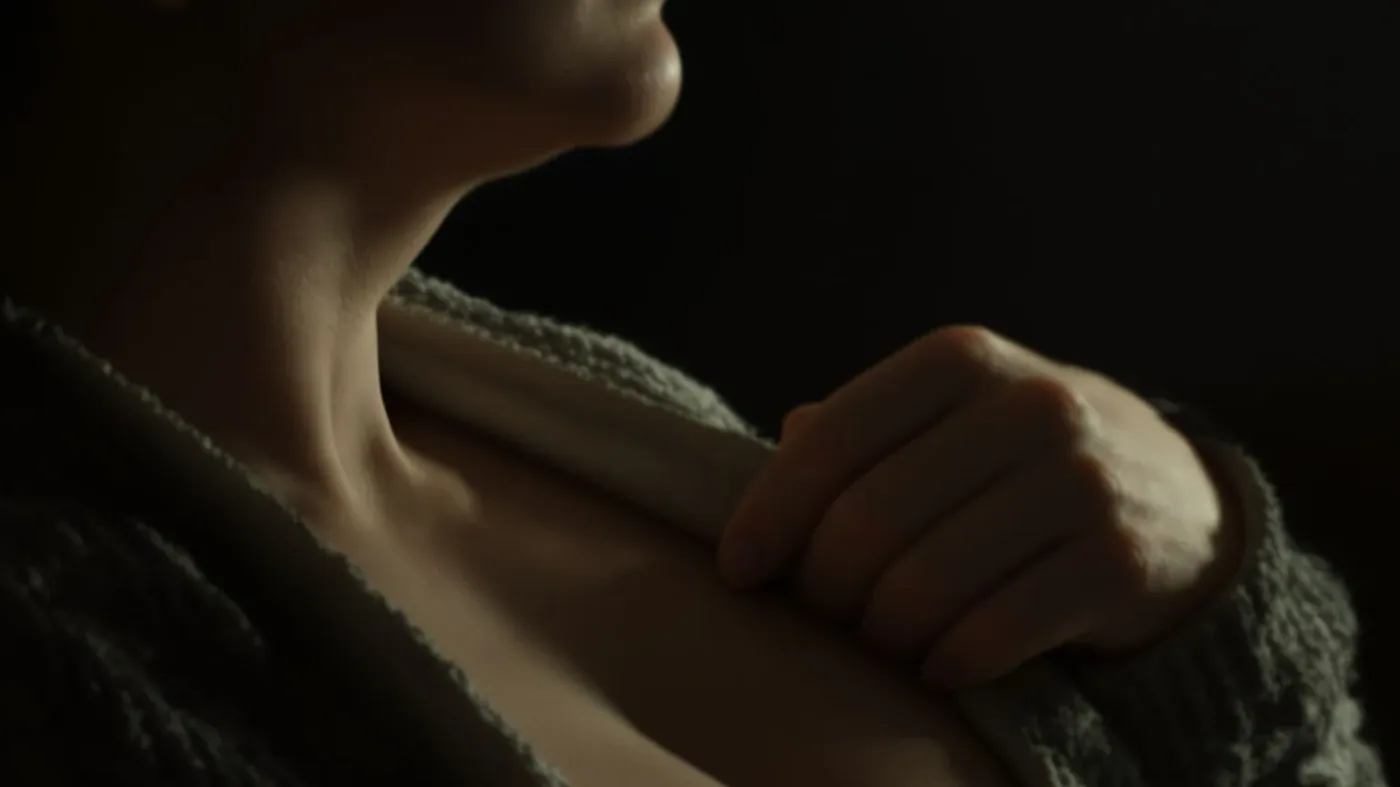 Close-up of a pregnant woman's throat and neck with fingers loosening her collar, releasing tension