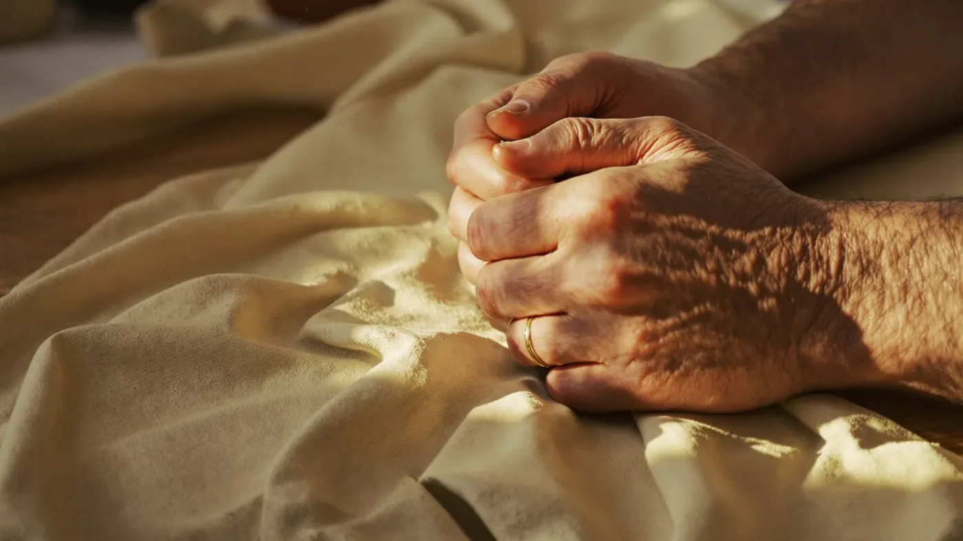 Close-up of hands uncurling on linen cloth showing the body softening into feeling safe