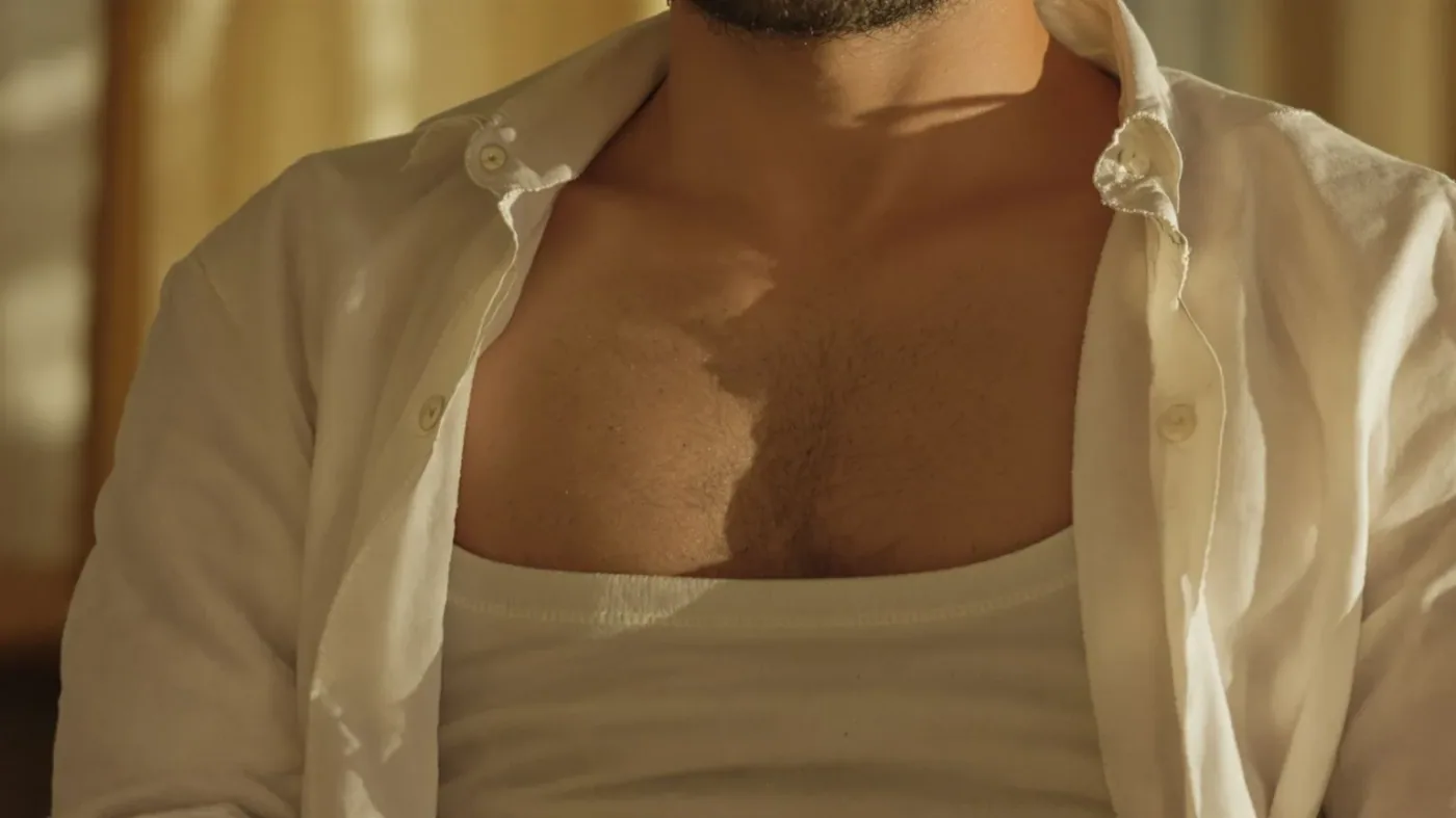 Close-up of man's chest expanded mid-breath with relaxed hands showing relief after emotional processing