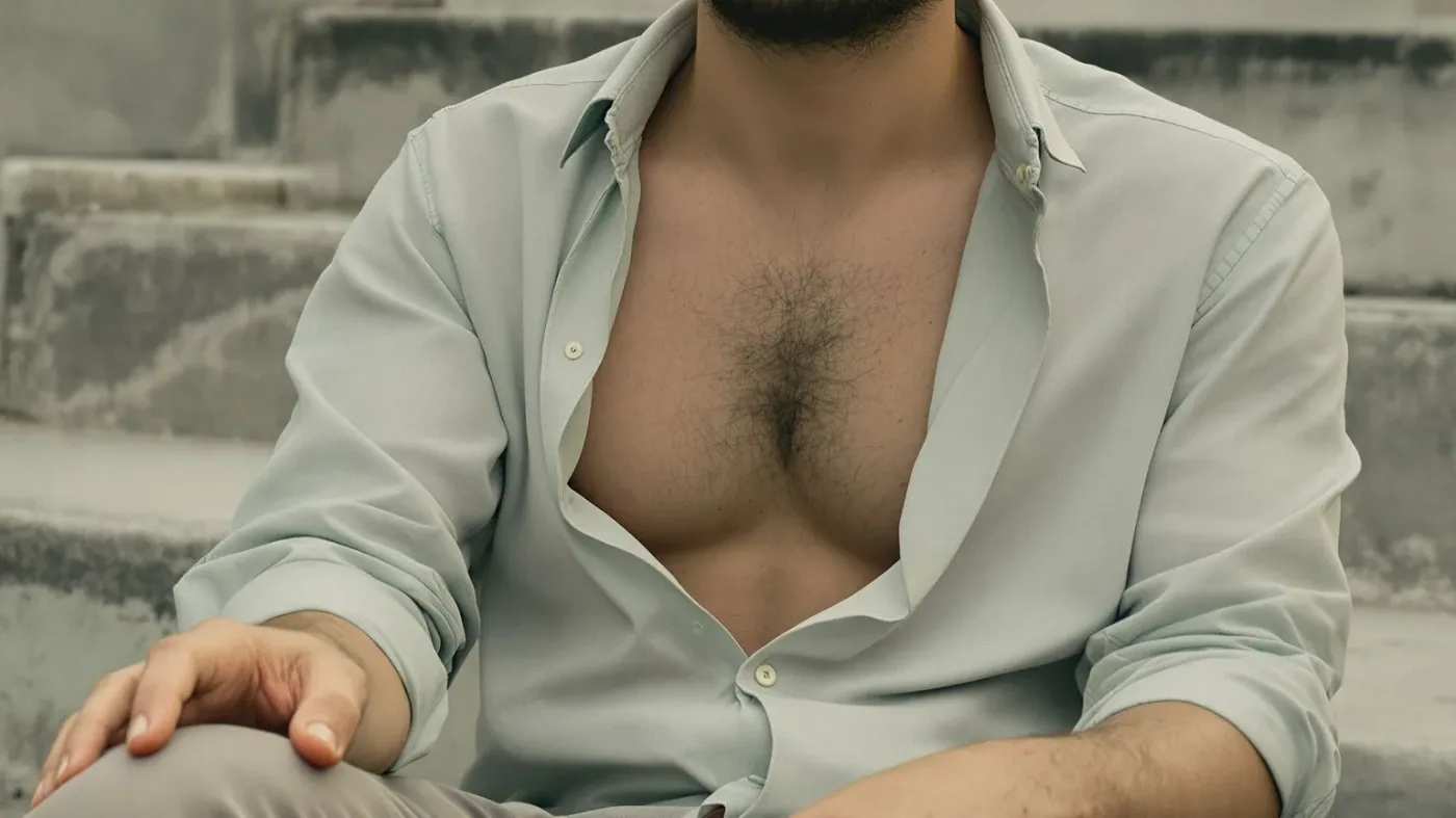 Close-up of man's chest mid-exhale sitting on stone steps showing what changes after one honest step in recovery