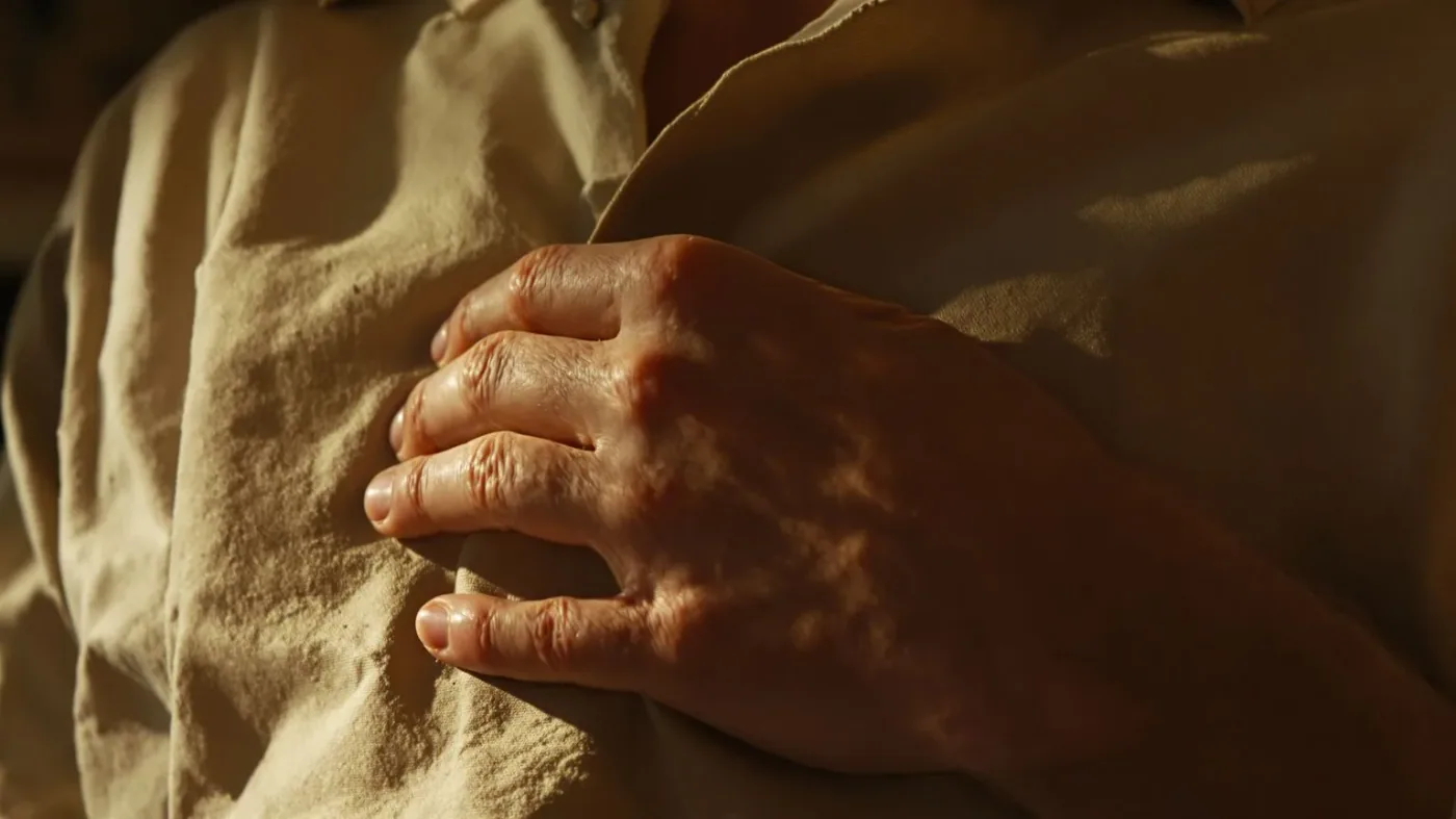 Close-up of man's hands resting on ribcage during body awareness practice for emotional release