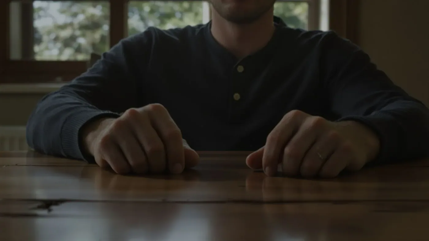 Close view of man gripping table edge showing body-level signs most people ignore in hidden feelings