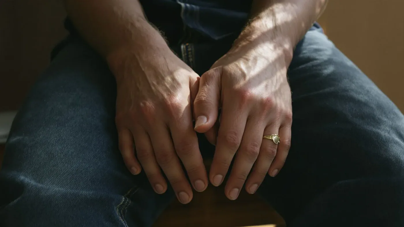 Close view of man's hands resting on thighs during a still body-first practice for emotional release