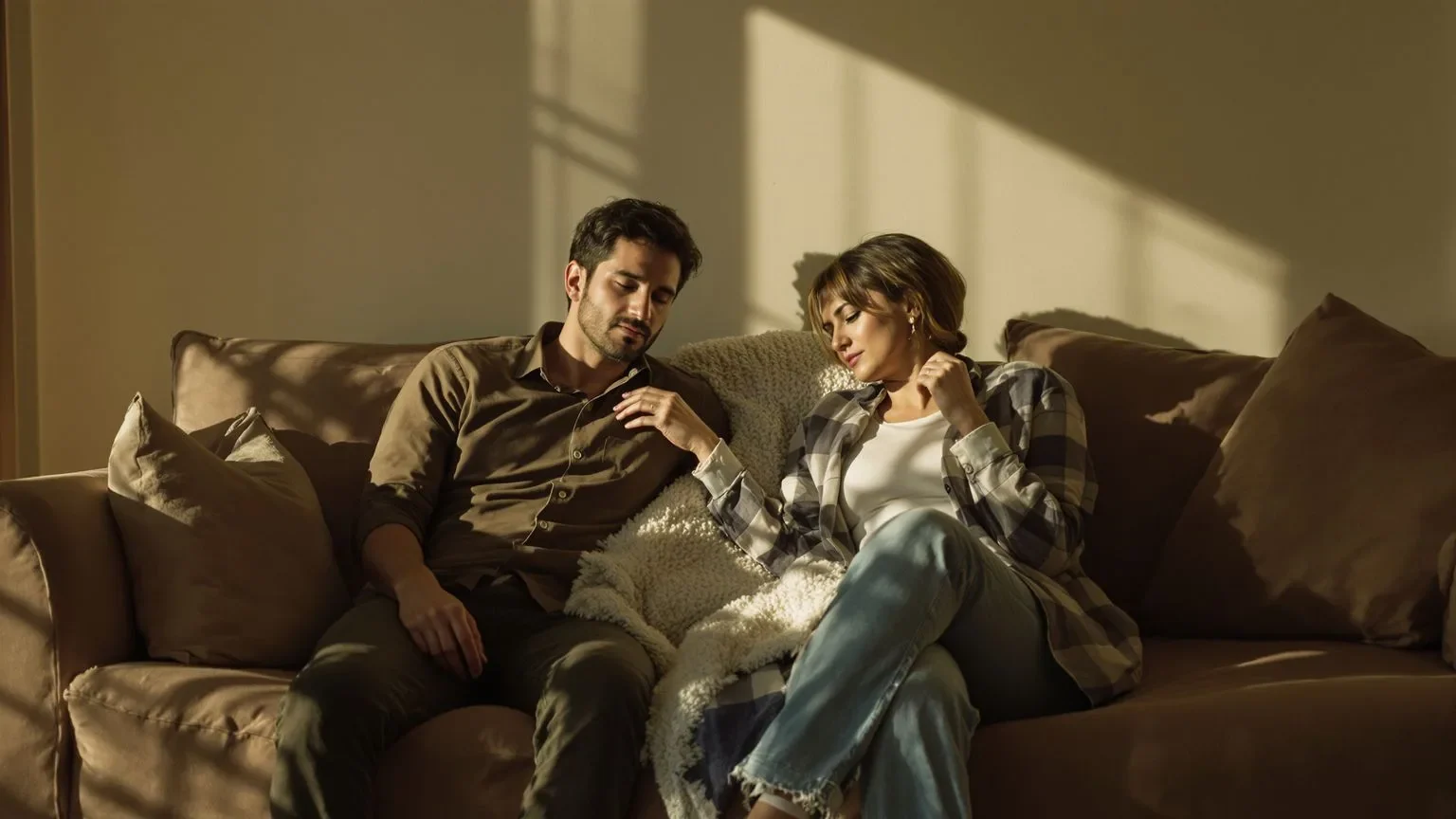 Couple sitting close on a sofa but not touching, showing how to improve emotional intimacy when shutting down