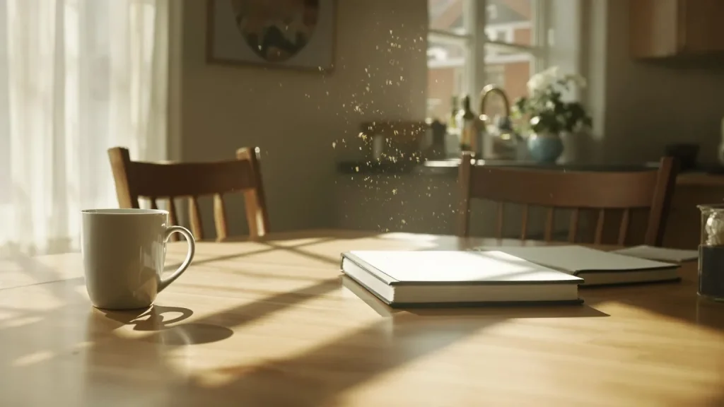 Empty chair at sunlit kitchen table with closed notebook suggesting someone beginning an emotional numbness test