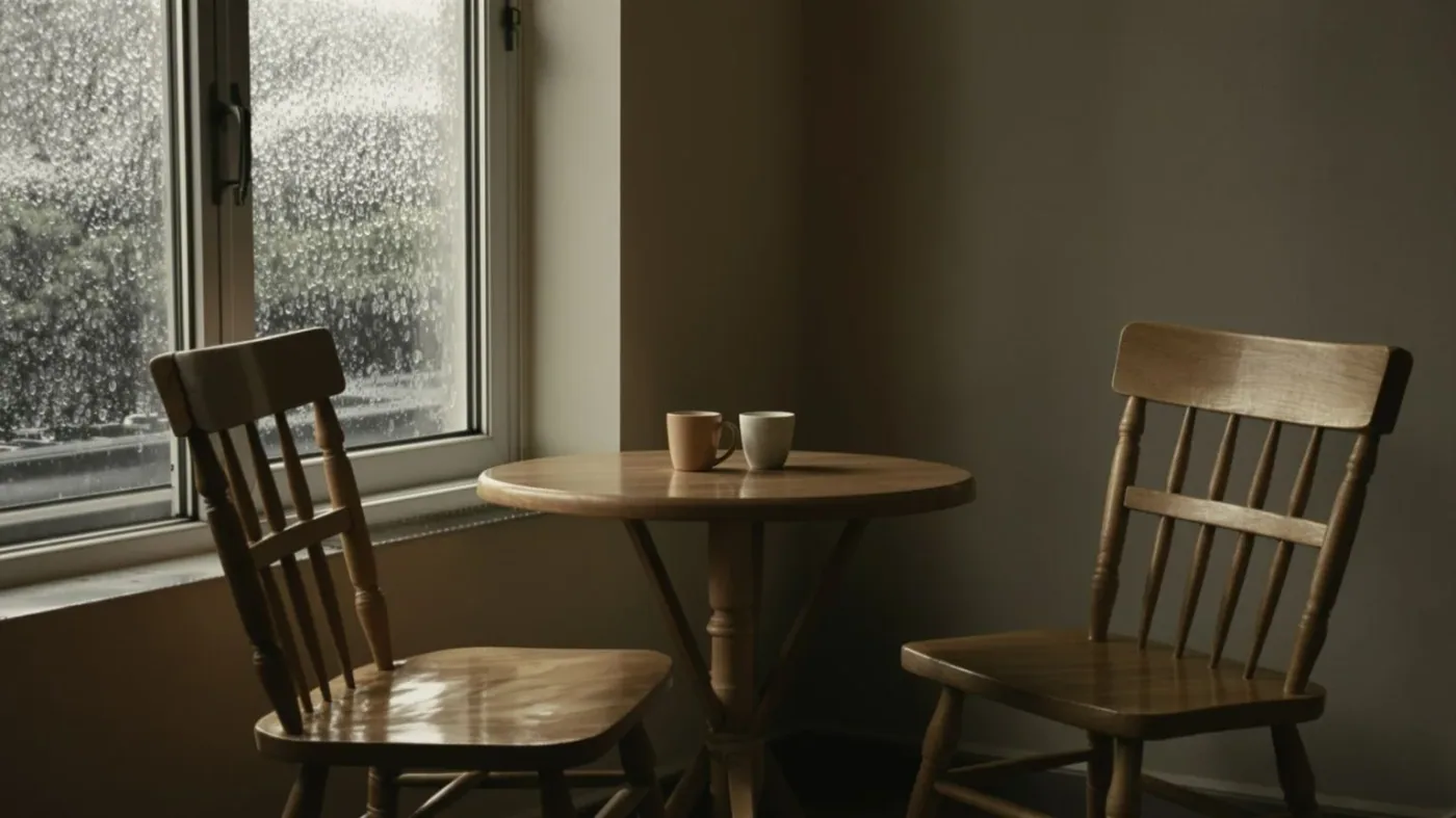 Empty chair pulled back from table near rain-streaked window showing why caring people become emotionally unavailable in love