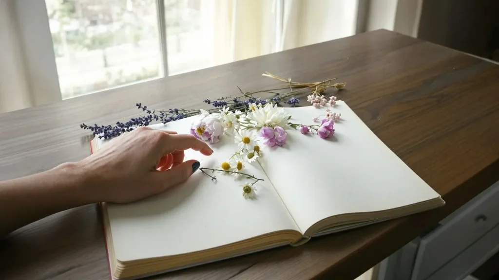 Flowers that mean emotional healing arranged on a sunlit wooden desk beside a woman's resting forearm
