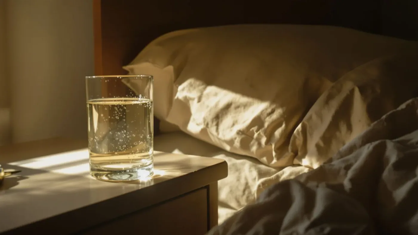 Glass of water on nightstand beside rumpled pillow showing what happens when you suppress emotions for too long