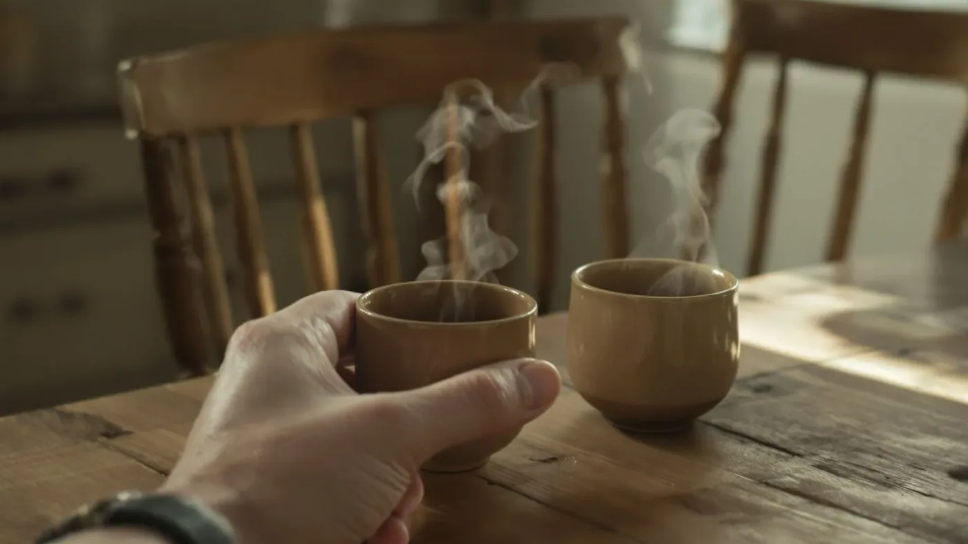 Hand holding ceramic cup at wooden table with second cup near empty chair showing privacy versus isolation