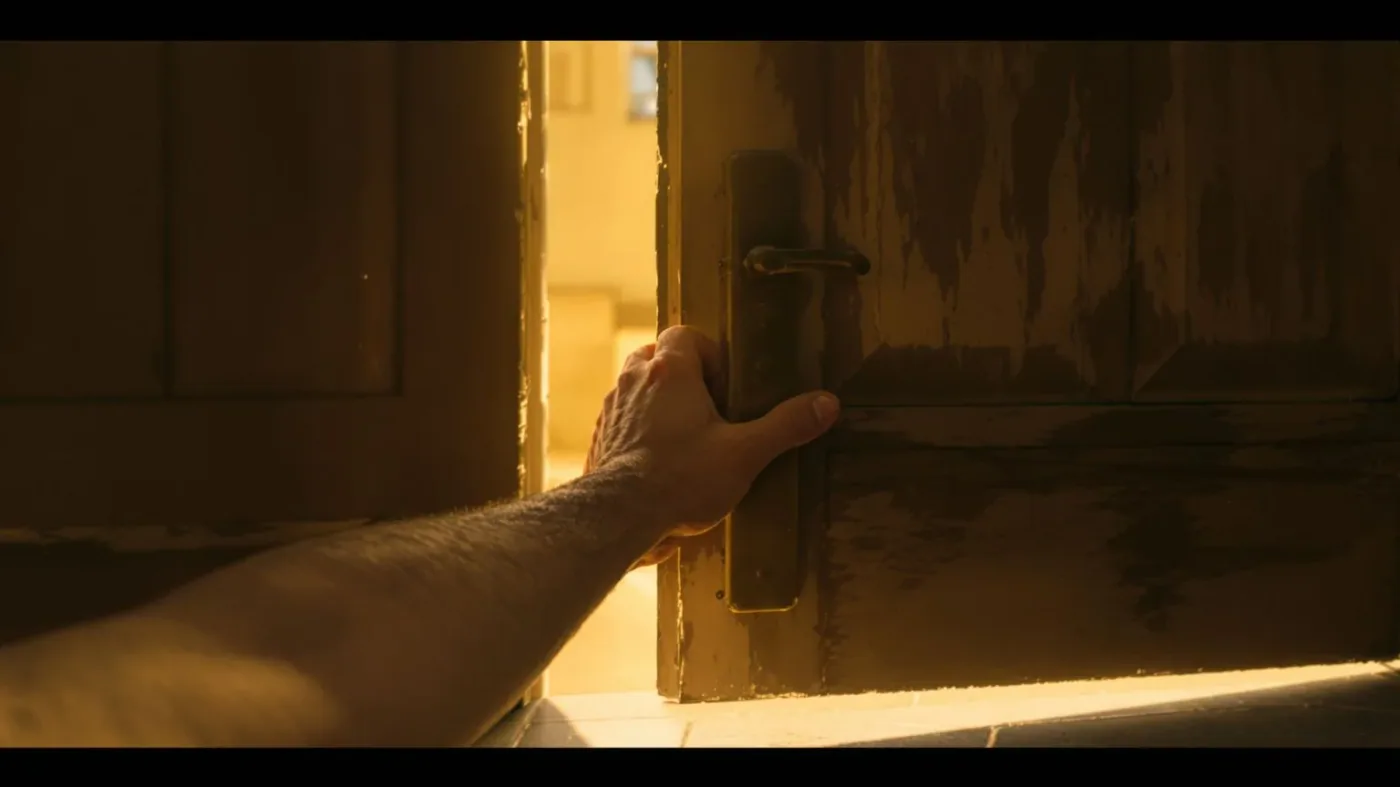 Hand pushing open heavy door into golden light showing what changes after the first step of emotional release