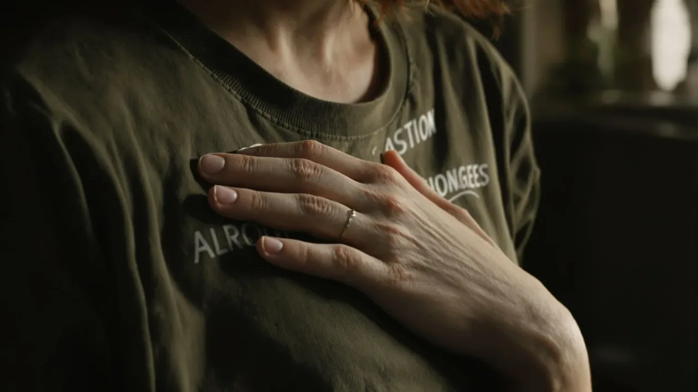Hand resting on sternum showing what self compassion feels like in the body
