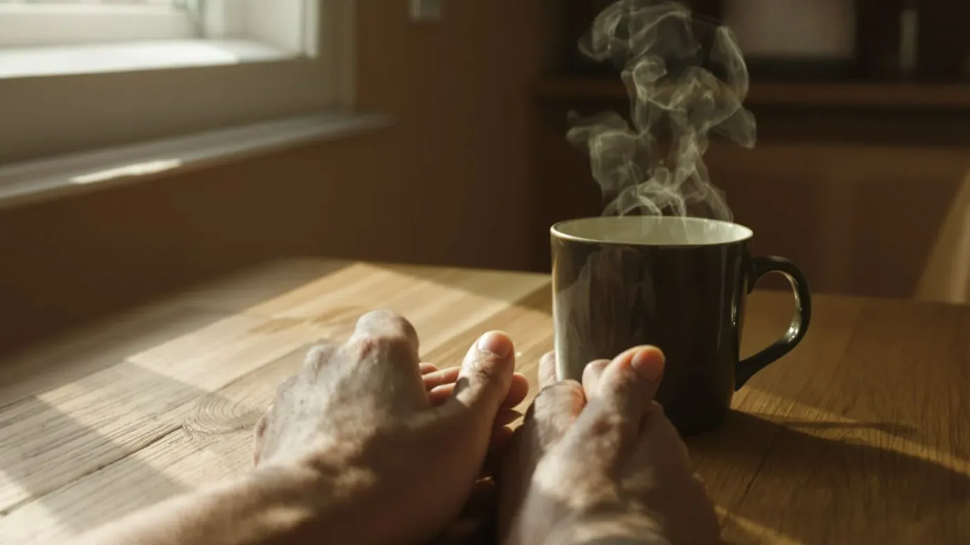 Hands resting on kitchen table beside steaming mug showing body softening after somatic trauma release practice