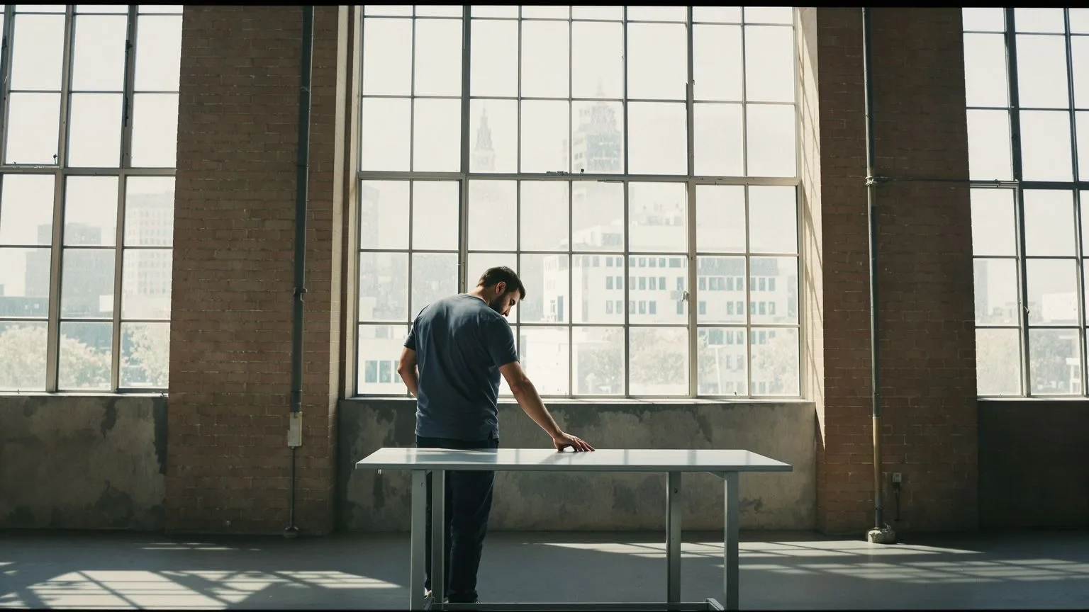 Man bottling up emotions standing at desk near industrial window with rounded shoulders and visible tension