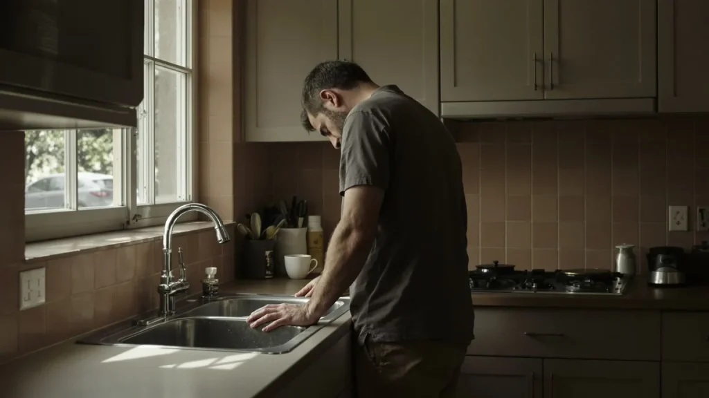 Man bracing himself on kitchen counter showing signs of nervous system burnout recovery needed beyond rest