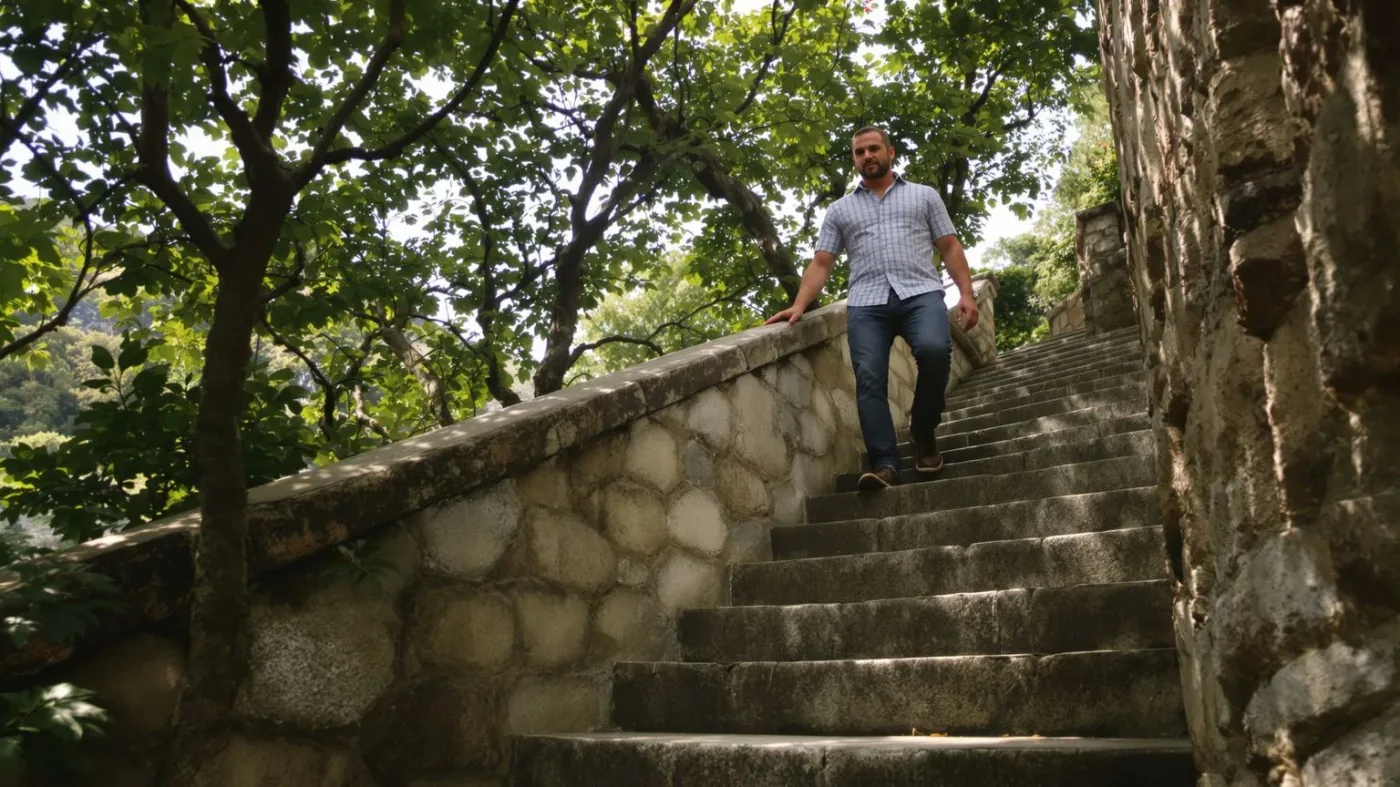 Man descending stone garden steps with hand trailing wall, body answering before the mind does