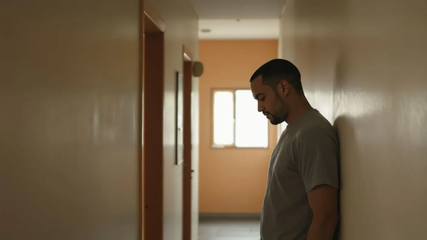 Man leaning against hallway wall with dropped shoulders in a quiet moment of emotional softening