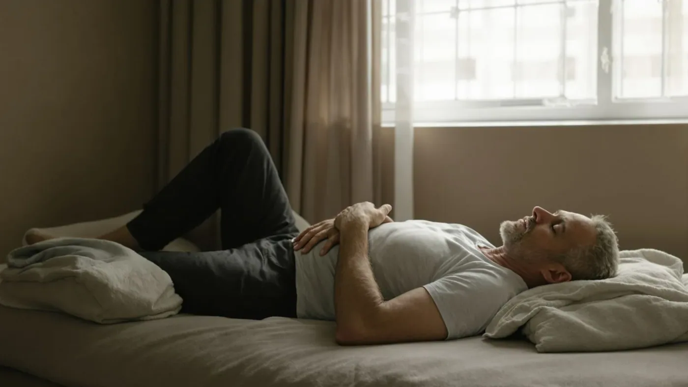 Man lying on his side holding his ribs as emotion rises in the body after massage