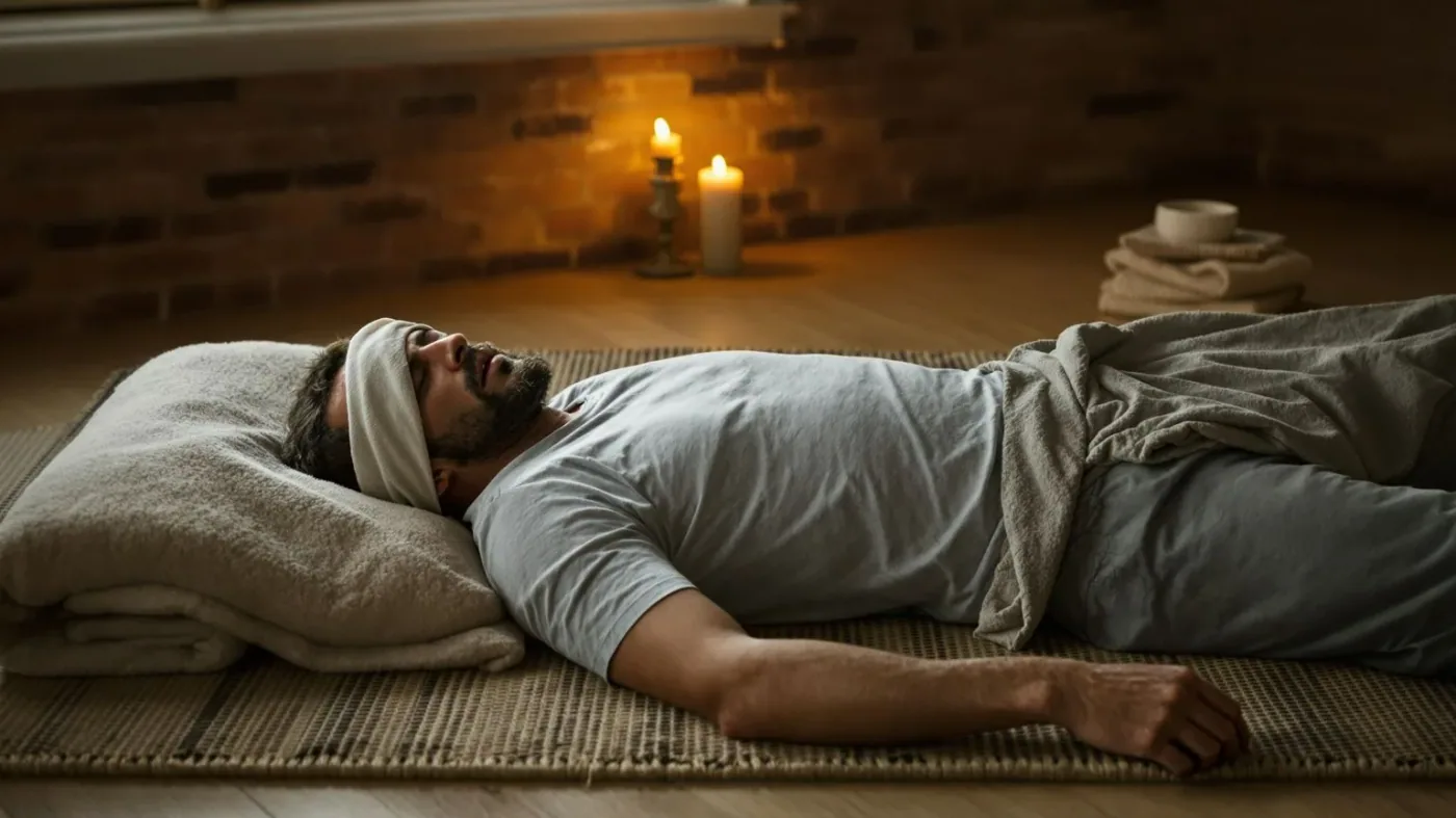 Man lying on mat with eyes covered and palms down during a yoga for emotional release mini-session