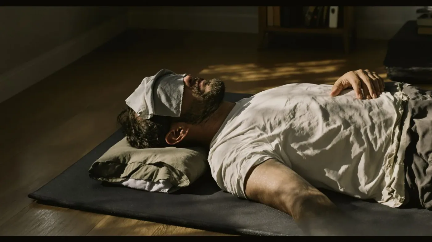 Man lying on mat with palms down practicing 10-minute contact without collapse exercise