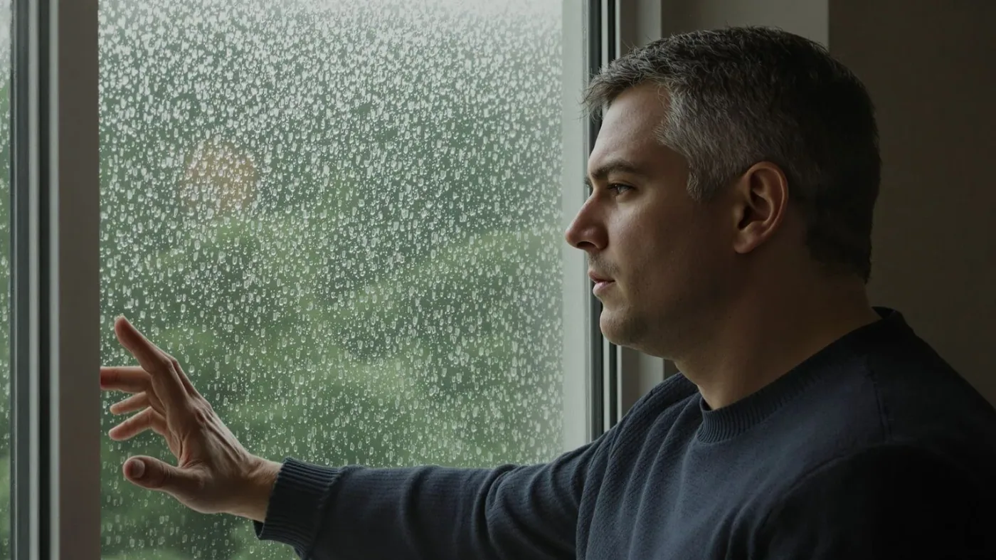 Man observing rain through window in quiet stillness, staying present without drowning in feeling