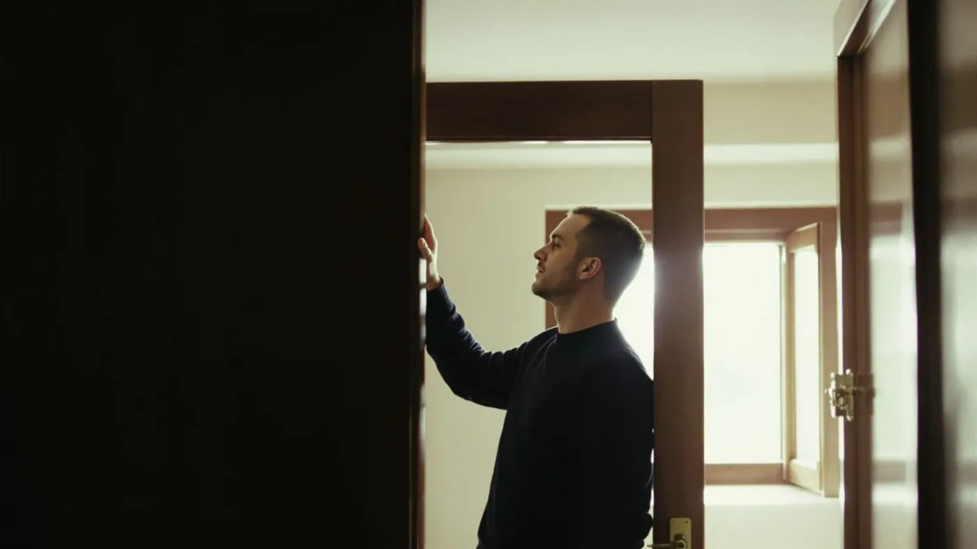 Man pausing at a doorway threshold between shadow and light, deciding if it is safe to tell the truth