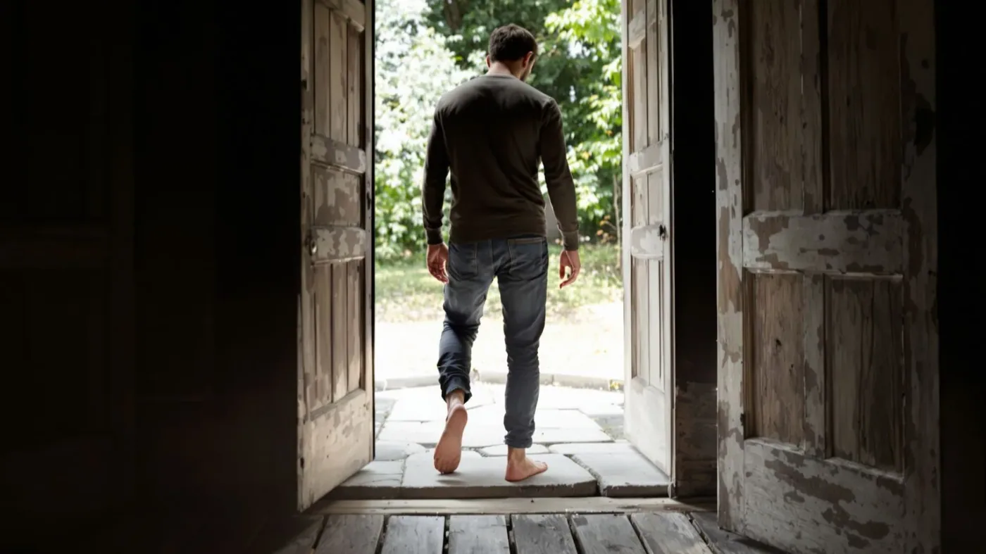 Man pausing in doorway between shadow and light at emotional turning point of self compassion