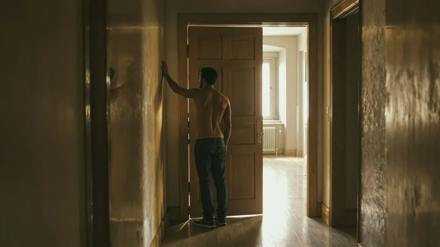 Man pausing in doorway threshold between dim and bright rooms representing yoga somatic turning point