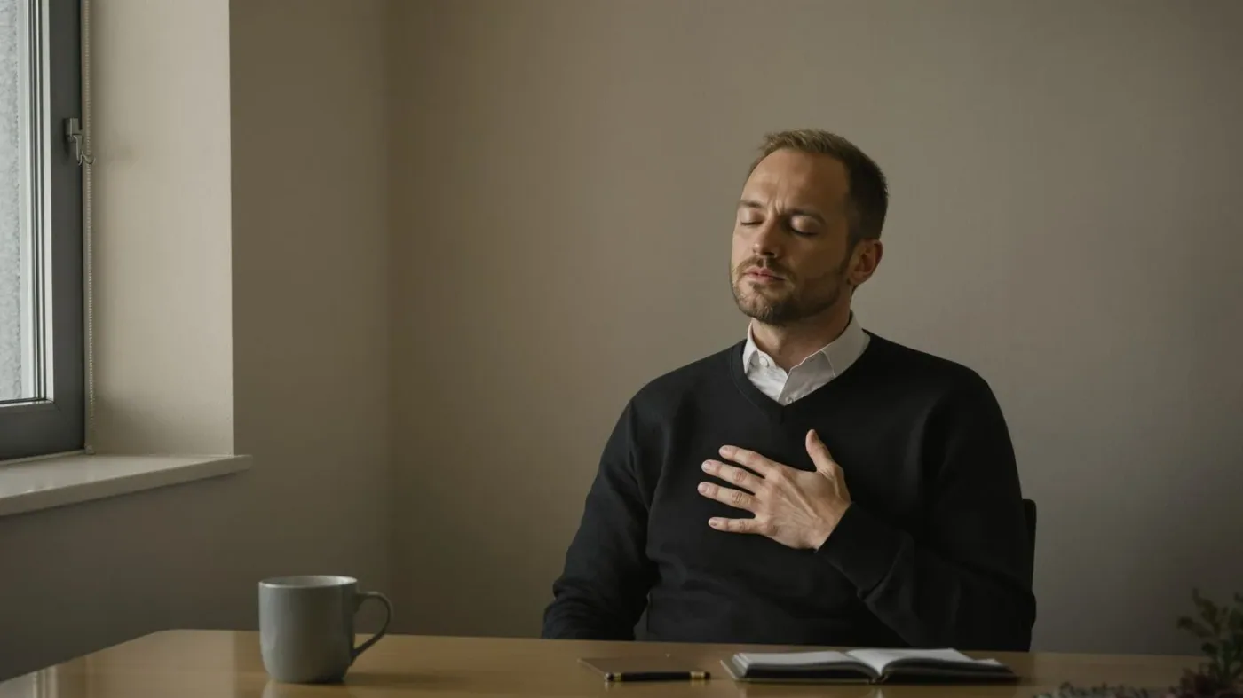 Man pressing hand to chest at desk during a quiet moment of emotional reset practice