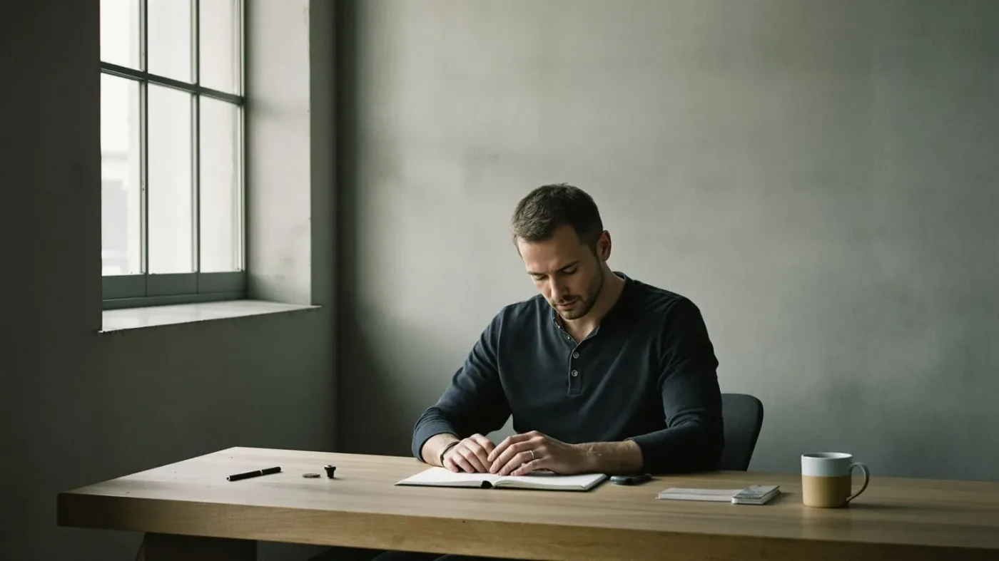 Man seated at a desk with head bowed and hands resting flat, showing when blank moments are protection not weakness