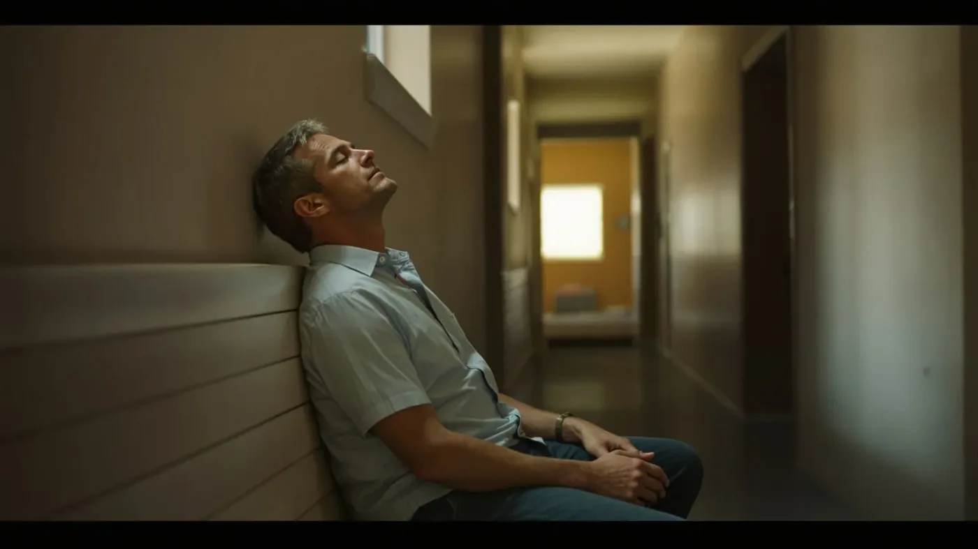 Man seated on hallway bench eyes closed breathing deeply, practicing body awareness for feeling misunderstood