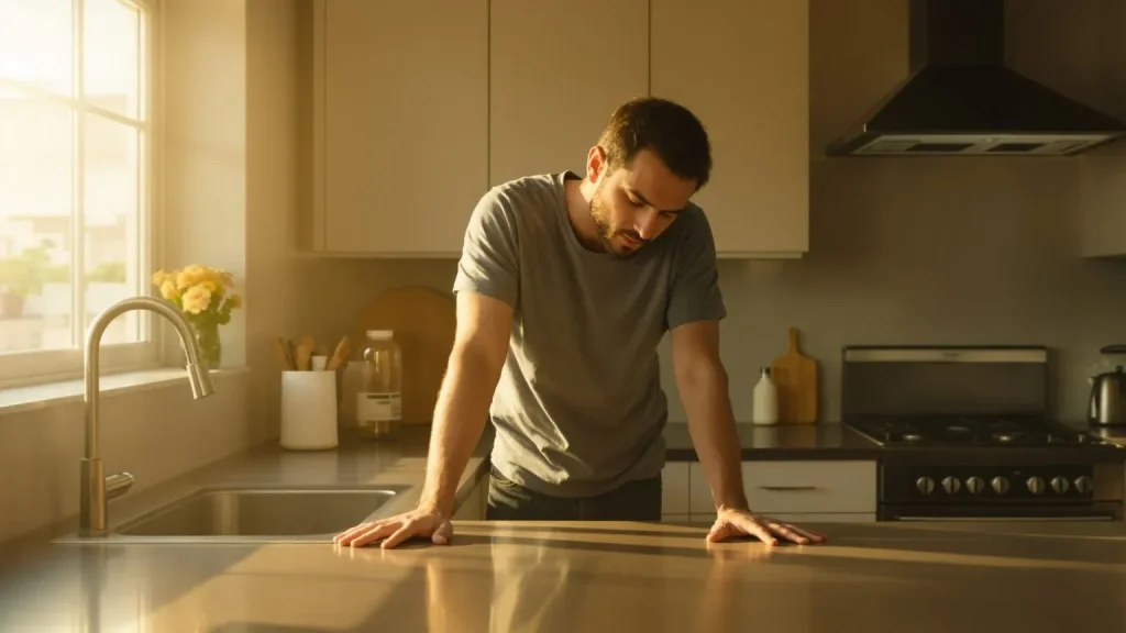 Man showing low self worth signs standing alone in tidy kitchen at dawn with tense posture and bowed head