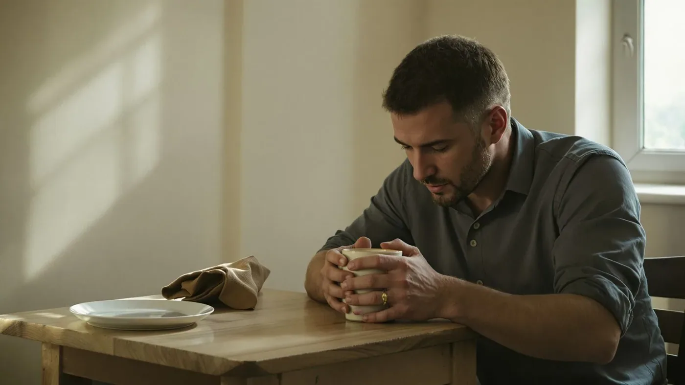 Man sitting at kitchen table with hands around mug in morning light, body showing guardedness shifting to honesty