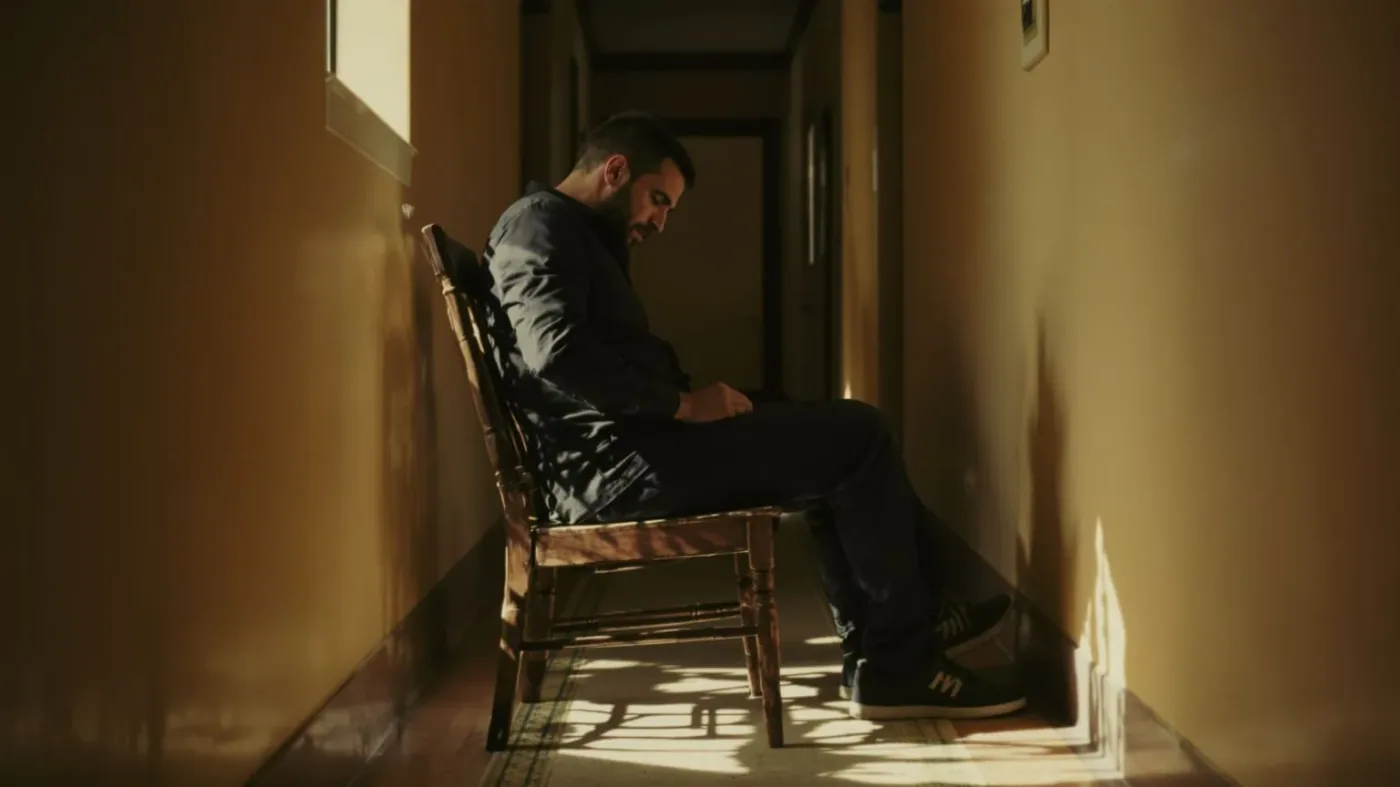 Man sitting braced on chair in calm hallway illustrating why feeling safe can feel wrong at first