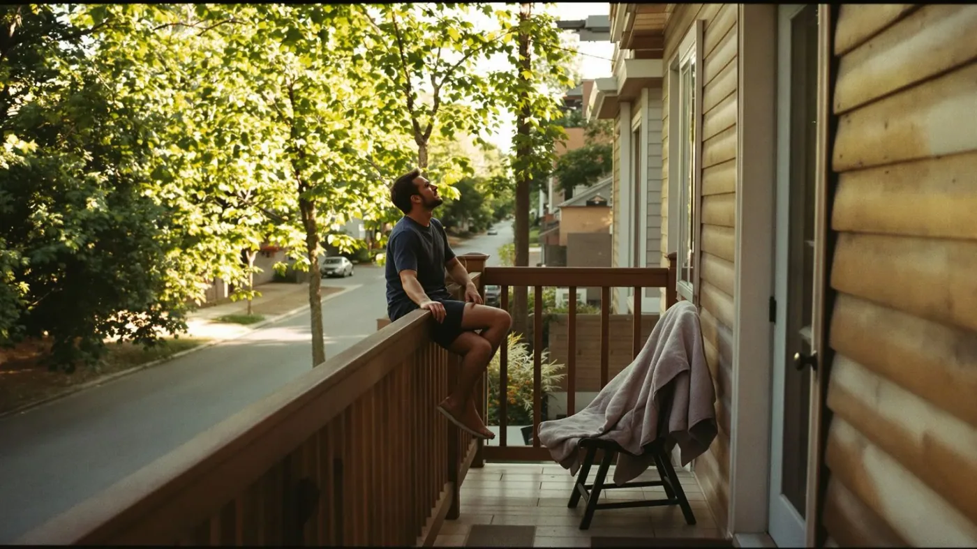 Man sitting on balcony edge in morning light after scaling emotional release technique gently