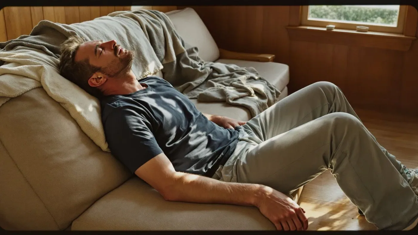 Man sitting on floor after emotional release practice with body visibly softened and eyes closed