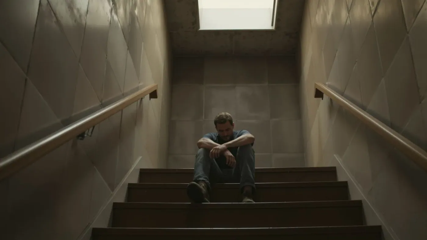 Man sitting on stairwell landing reconsidering his emotional release technique approach