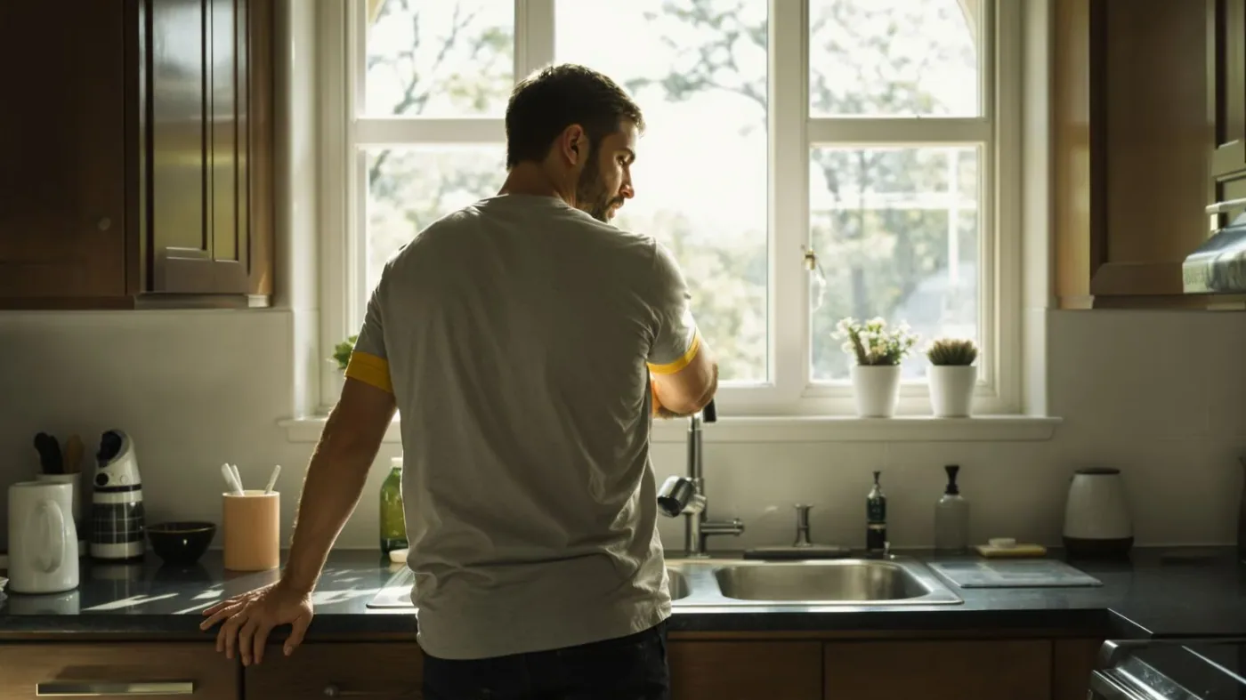 Man standing alone at kitchen counter with heavy shoulders showing self-betrayal repeated until it feels like identity