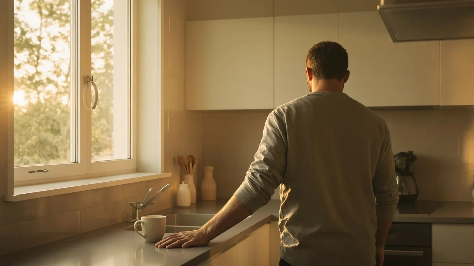 Man standing alone in kitchen at dawn showing what happens when you suppress emotions for too long