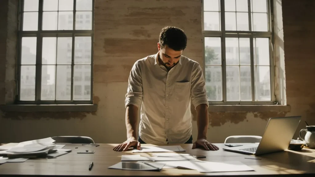 Man standing at clean desk in sunlit loft during recovery from burnout, head bowed with hands flat on surface