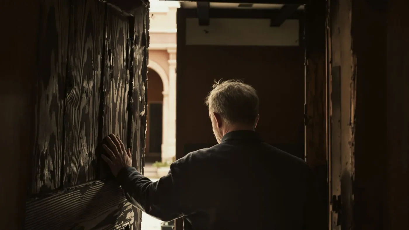 Man standing in weathered doorway with throat lit by natural light, threshold moment in yoga for emotional release