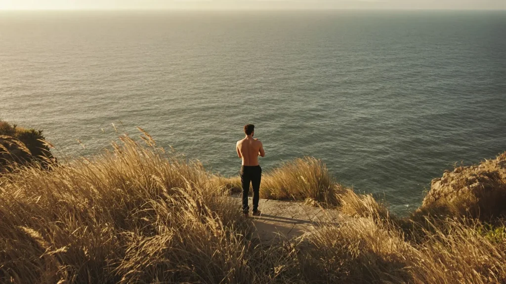 Man standing on coastal cliff path at golden hour hand on chest contemplating what is true love