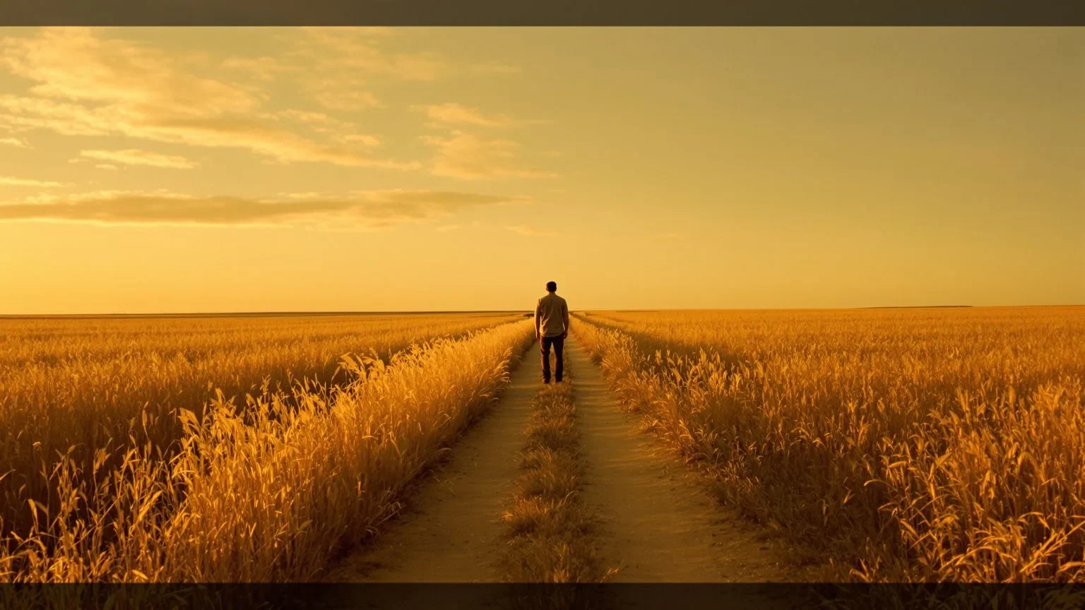Man standing on dirt path through tall grass at golden hour showing signs of emotional suppression in tense posture