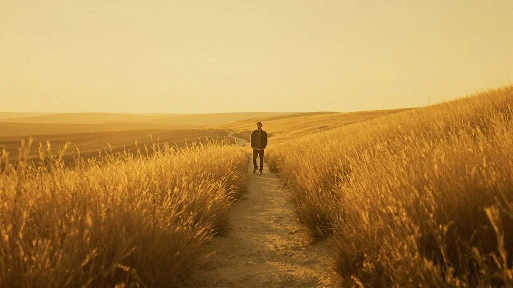 Man standing on open hillside path at golden hour with throat exposed, beginning yoga for emotional release