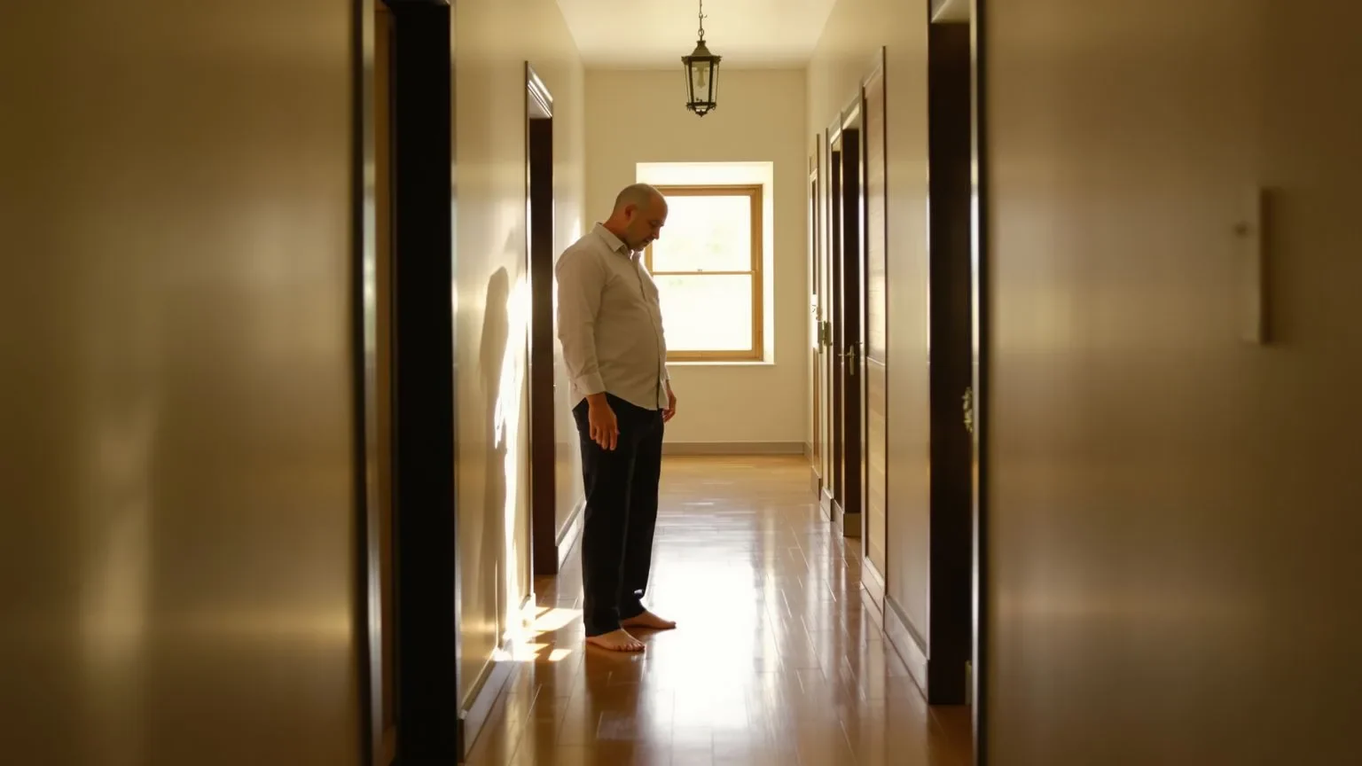 Man steadying himself in sunlit hallway after emotional release massage, hand on wall, warm natural light