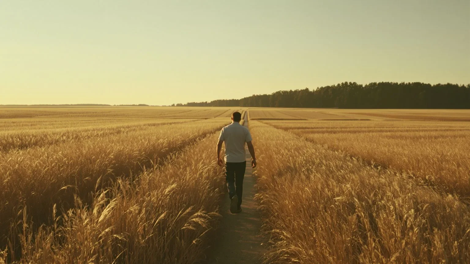Man walking a narrow path through golden meadow at sunset exploring what is self compassion