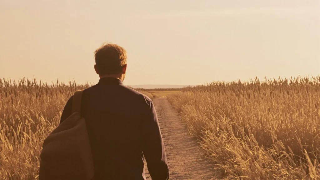Man walking alone on a dirt path through vast dry grassland at golden hour, feeling empty inside